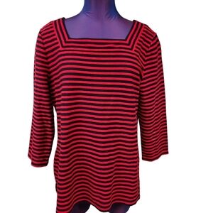 Talbots Navy & Red Striped Square Neck 3/4 Sleeve Blouse Size Large Women's F21